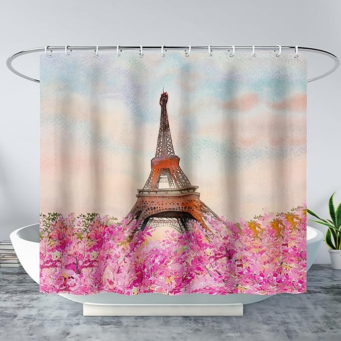 AILONEN Paris Tower Shower Curtain,Romantic Tower Theme Waterproof Fabric Shower Curtain Set for Girls Kids Teens, 72" W*72" H Pink Flowers Dreamy Eiffel Tower Shower Curtain