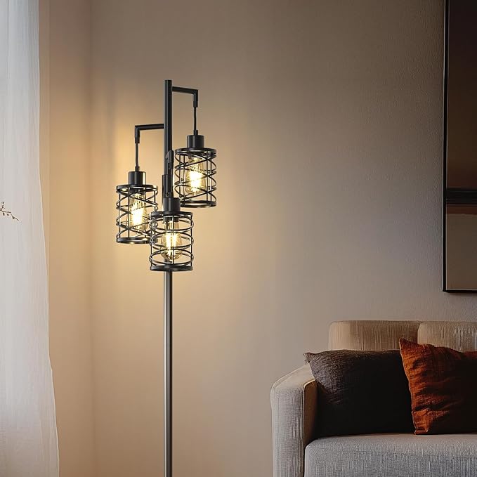 Oneach 68" Industrial Standing Floor Lamp, Stepless Dim Light with 3 Bulbs, Farmhouse & Corner Design, Tall Lamp for Home and Office, Black