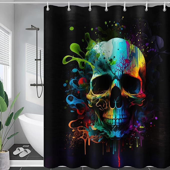 AILONEN Sugar Skull Shower Curtain for Bathroom,Watercolor Skull Bath Curtain Decoration,Minimalism Tie Dye Skeleton Print Waterproof Black Curtain with 12 Plastic Hooks, 72" W*78" H