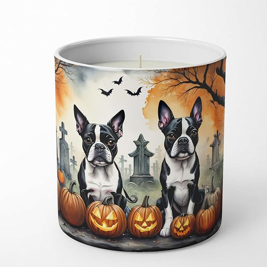 Caroline's Treasures DAC2023CDL Boston Terrier Spooky Halloween Decorative Soy Candle Nature Soy Wax Essential Oil Home Decor Ideal for Bedroom Kitchen Bath Office Gift, 10 oz