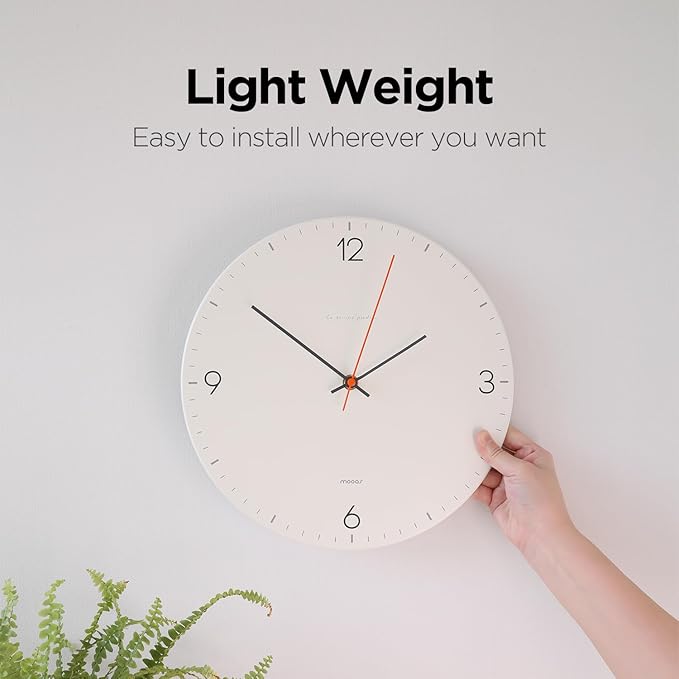 mooas Flatwood Wall Clock,12" Non-Ticking Sweep Movement Decorative Battery Operated Wall Clock for Home Living Room Kitchen Bedroom Office School (Simple White)