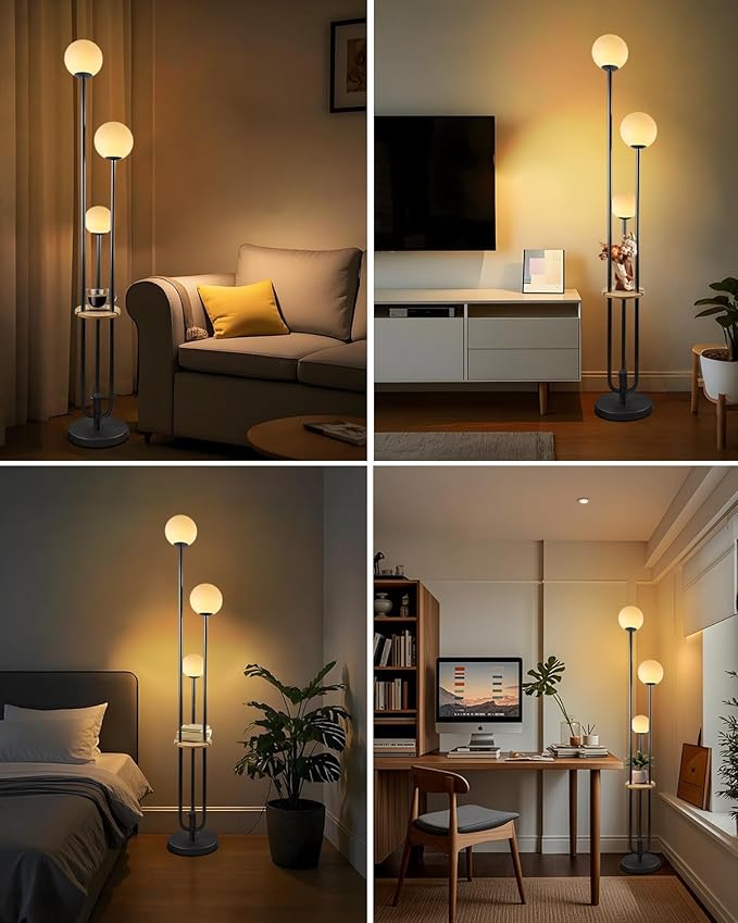 63IN Dimmable Floor Lamp with Shelf, Unique Globe Black Tall Standing Lamps with 3 Poles, 3000K Warmwhite Mid Century Modern Floor Lamp for Living Room Home Office(Bulbs Included)