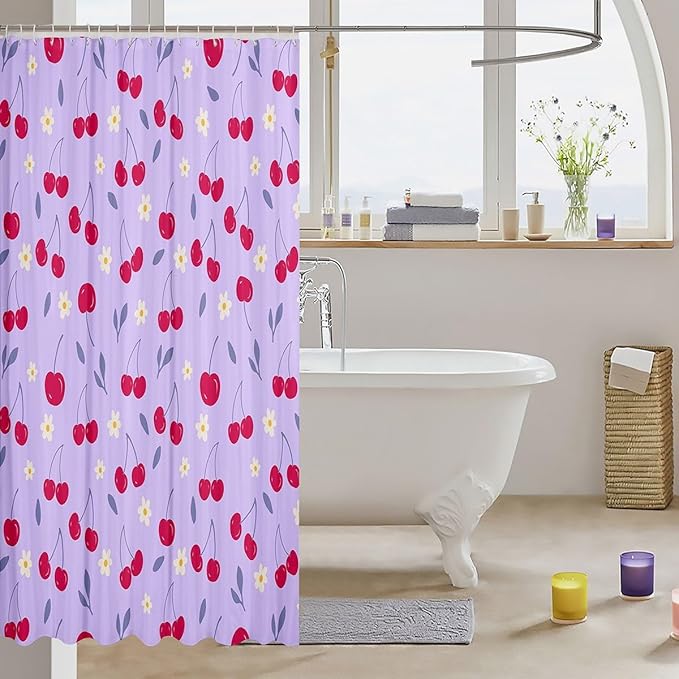 Feelyou Cherry Fabric Shower Curtain Fruits Shower Curtain for Kids Boys Girls Green Leaves Bathroom Waterproof Accessories with 12 Hooks Light Purple and Red Curtains,72X72 Inches