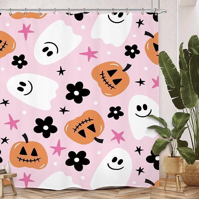 Halloween Pink Ghost Shower Curtain 60Wx72L Inch Pumpkin Cute Girls Horror Scary Spooky Cartoon Lovely Bathroom Set Accessories Decor with 12 Pack Hooks