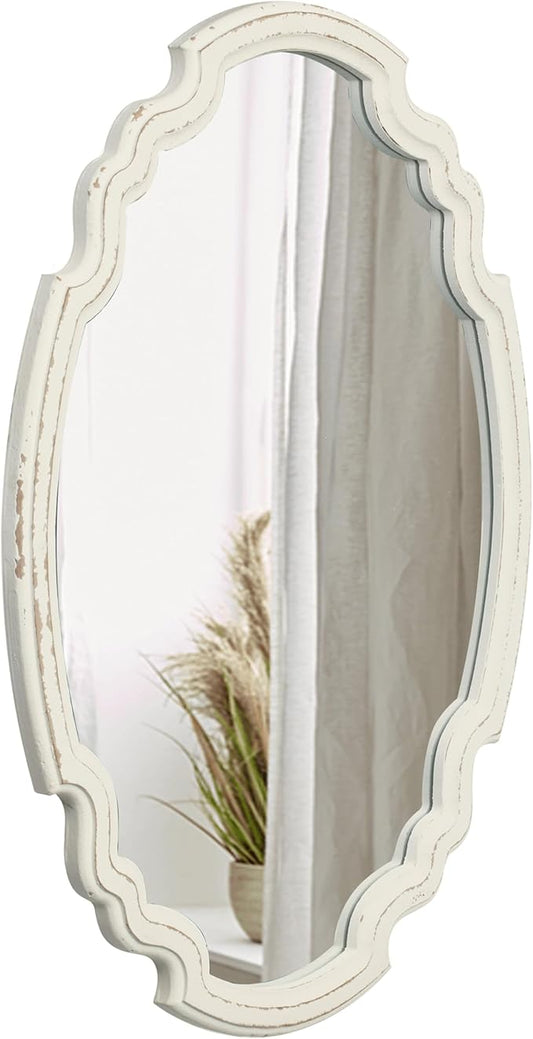 Vintage Sculpted Oval Mirrors for Wall Decor Living Room 16 x 23 inch, Hanging Distressed White Ornate Accent Wood Farmhouse Mirror, Rustic Wall Mounted Mirrors for Small Bathroom Entryway