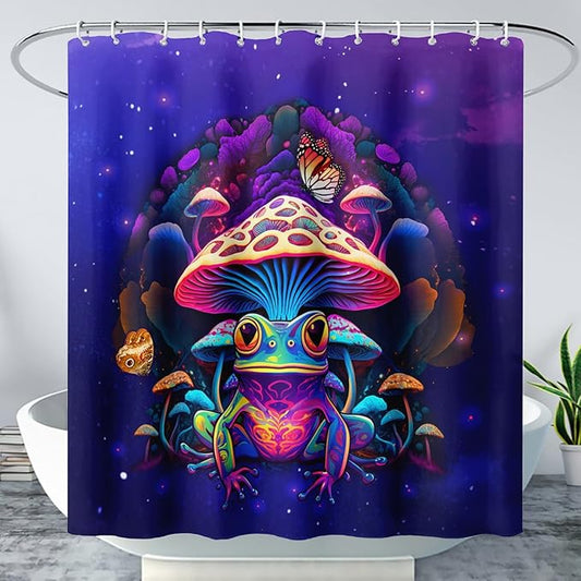 AILONEN Colorful Frog Shower Curtains,Poisonous Mushroom Printed Bath Curtains for Kids,Purple Polyester Waterproof for Bathroom,72" W*84" H with 12 Plastic Hooks
