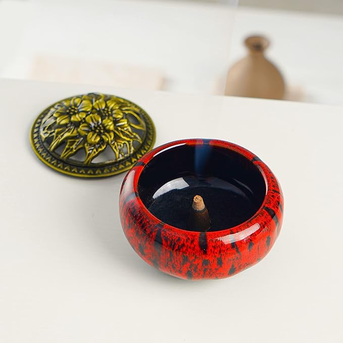 Incense Burner with Calabash Incense Stick Holder - Porcelain Charcoal Censer for Use with Resin Granular Powder Cone or Coil Incense (Kiln-Colored Red)