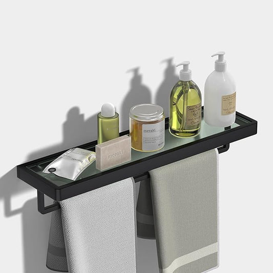 Floating Glass Shelves for Bathroom Glass Shelves 20-in with Towel Bar/Tempered Glass Rectangular 1 Tier Organizer Shelf (Matte Black, 20'')