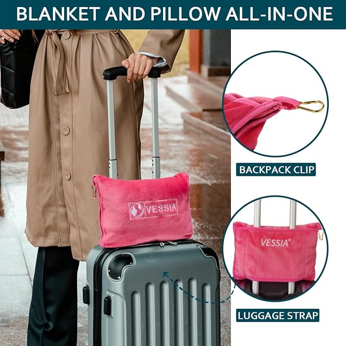 Vessia Travel Blanket for Airplane, Train and Car, Warm and Soft Travel Blanket and Pillow 2 in 1 for Adults and Kids, Portable Compact Long Flight Blanket with Luggage Sleeve, Backpack Clip(Hot Pink)