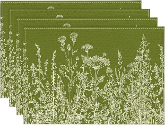 Artoid Mode Antique Herbs and Wild Flowers Spring Placemats Set of 4, 12x18 Inch Seasonal Sage Green Summer Table Mats for Party Kitchen Dining Decoration