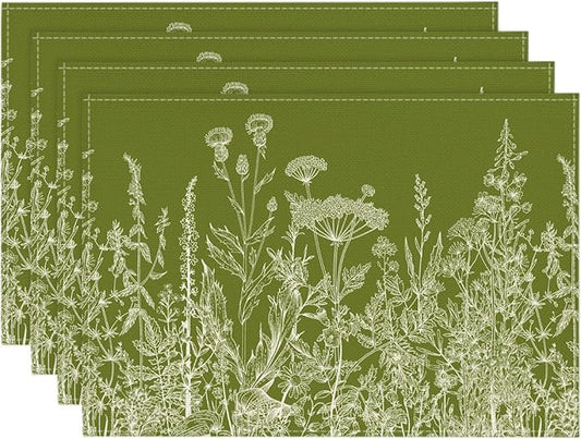 Artoid Mode Antique Herbs and Wild Flowers Spring Placemats Set of 4, 12x18 Inch Seasonal Sage Green Summer Table Mats for Party Kitchen Dining Decoration
