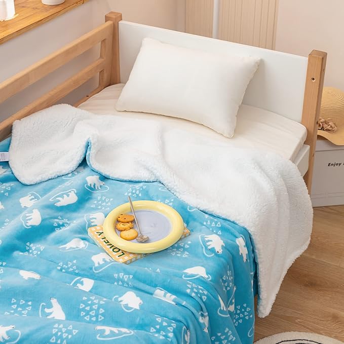DaysU Plush Flannel Sherpa Baby Blanket for Girls Boys, Portable Reversible Soft Micro Fleece Baby Crib Throw Blanket with Animal Print for Newborn and Nursery, Polar Bear, 30"x40"
