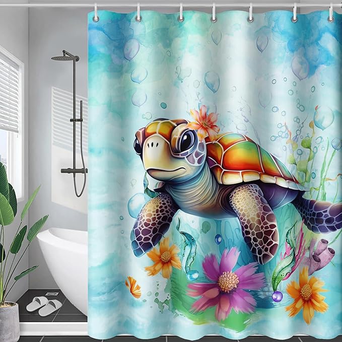 AILONEN Cute Sea Turtle Shower Curtain,Boys Kids Ocean Turtle Bath Curtain with 12 Plastic Hooks,Watercolor Sea Turtle Decorative Waterproof Curtain 72" W*96" H