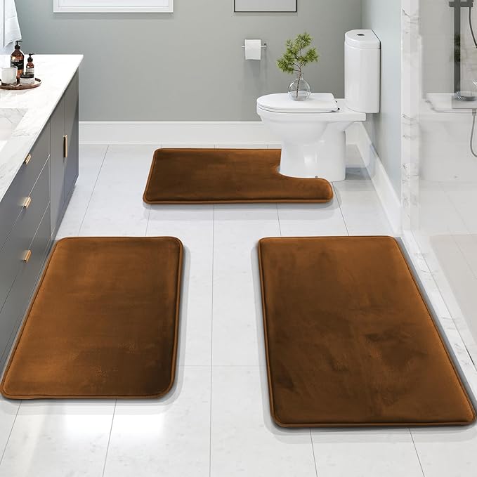 Clara Clark 3 Piece Bathroom Rugs Bath Mat Set, Velvet Memory Foam Bath Mats for Bathroom - Non-Slip, PVC Backing Bath Rugs, Washable - Dries Quickly, Brown