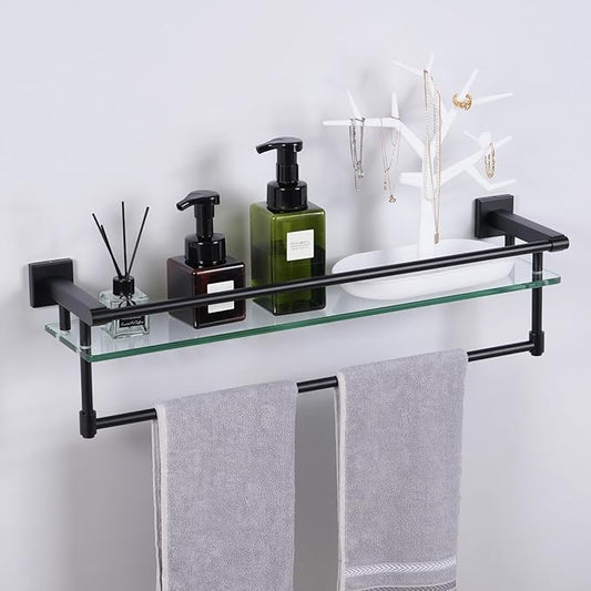 Glass Shelves for Bathroom with Towel Bar/Rack 24" Tempered Glass Shelves with Stainless Steel Towel Holder for Wall Shelf Sink Over Toilet (Matte Black)