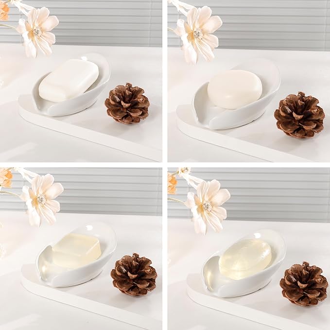 Soap Holder, Self Draining Soap Dishes 2PCS, Leaf Shape Ceramic Bar Soap Holder Drain Soap Dishes for Bathroom Sink Kitchen, Easy to Clean Keeps Soap Dry, White, ANTIS'S HOME
