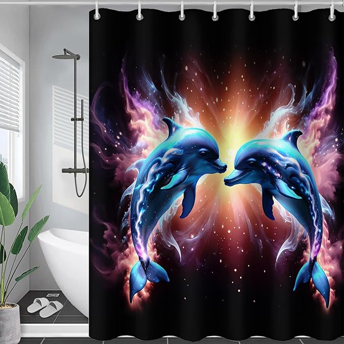 AILONEN 3D Dolphin Shower Curtain for Bathroom, Cute Kawaii Blue Ocean Dolphin Bath Curtain,Fantasy Smoky Print Black Curtain Waterproof with 12 Plastic Hooks for Boys Girls 72" W*96" H