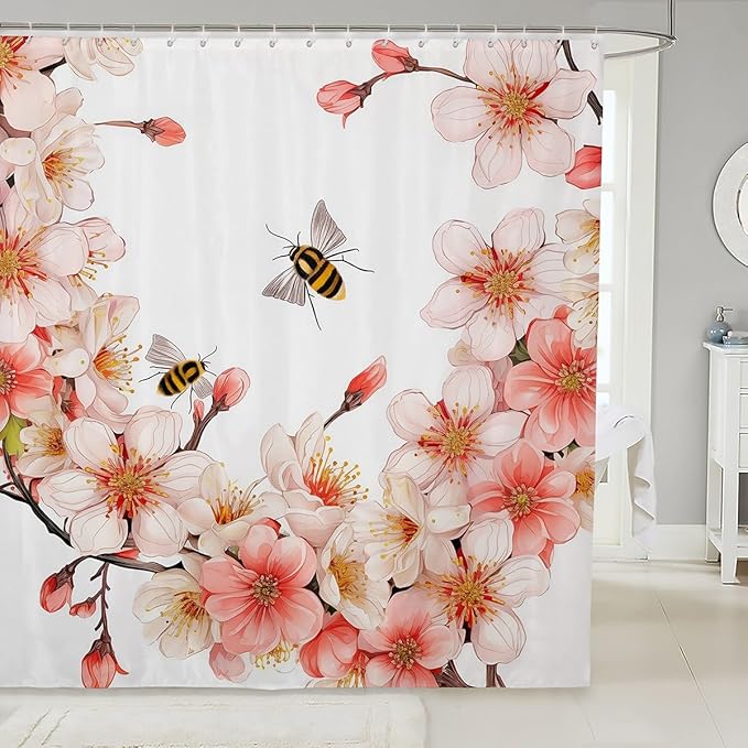 Feelyou Peach Blossom Shower Curtain Boys Girls Flower Floral Fabric Shower Curtain for Kids Honey Bathroom Waterproof Accessories with 12 Hooks Pink Curtains,72x72 Inches