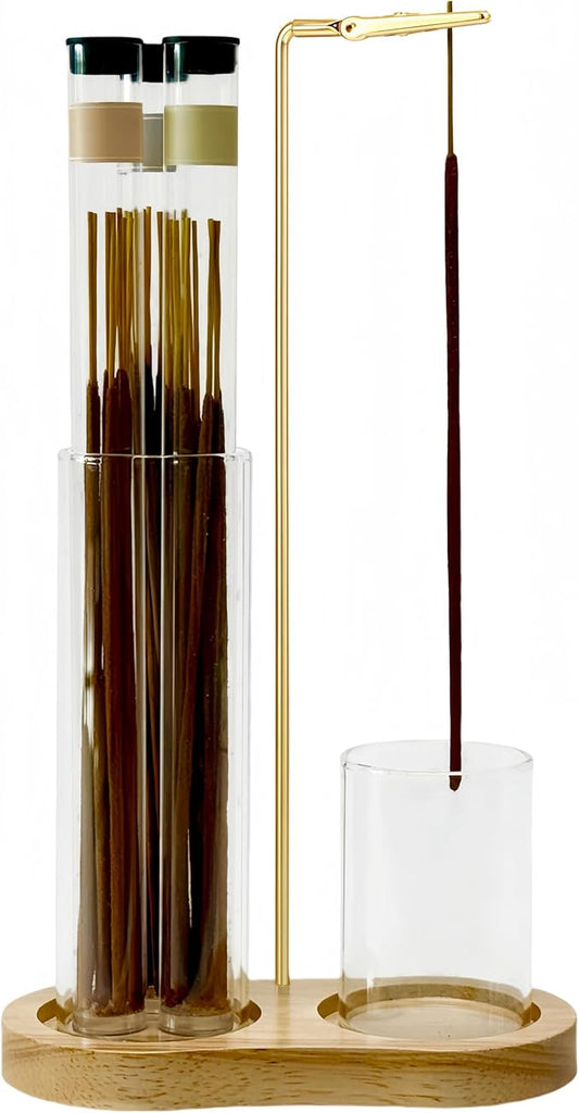 Glass Incense Holder, Incense Sticks Burner Holder with Storage,Hang Upside Down Incense Holder for Sticks with Glass Ash Catcher for Meditation Yoga Spa Room Decor