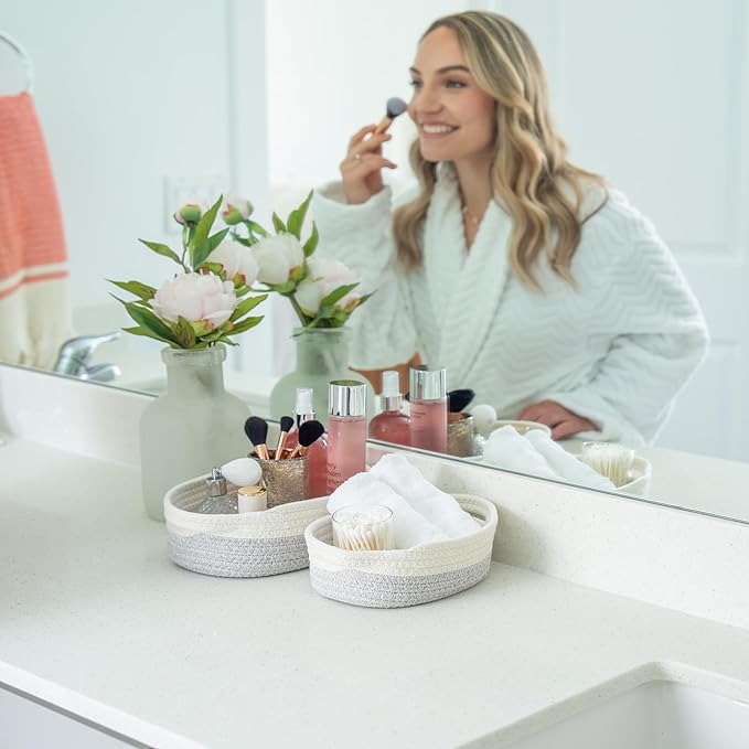 OrganiHaus Set of 5 Rectangle Bathroom Storage Baskets for Organizing, Small Woven Baskets for Storage Basket for Bathroom, Nursery Storage Basket for Baby Nursery Organization, Cute Bins, Gray/White