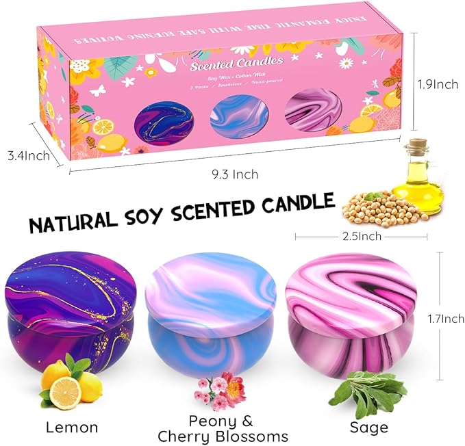 3 Packs Lemon, Sage and Peony&Cherry Blossom Scented Candles Christmas Gift Set to Women, Small 2.5oz Natural Soy Wax Stress Relief Aromatherapy Candles in Decorative Metal Tin for Home
