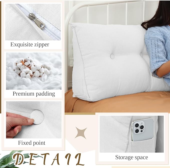 Wenqik Wedge Pillow Triangular Dorm Headboard Bed Rest Reading Backrest Back Support Long Bolster Pillow with Removable Cover for Dorm Room Supplies(White,King (79 x 20 x 8 Inch))