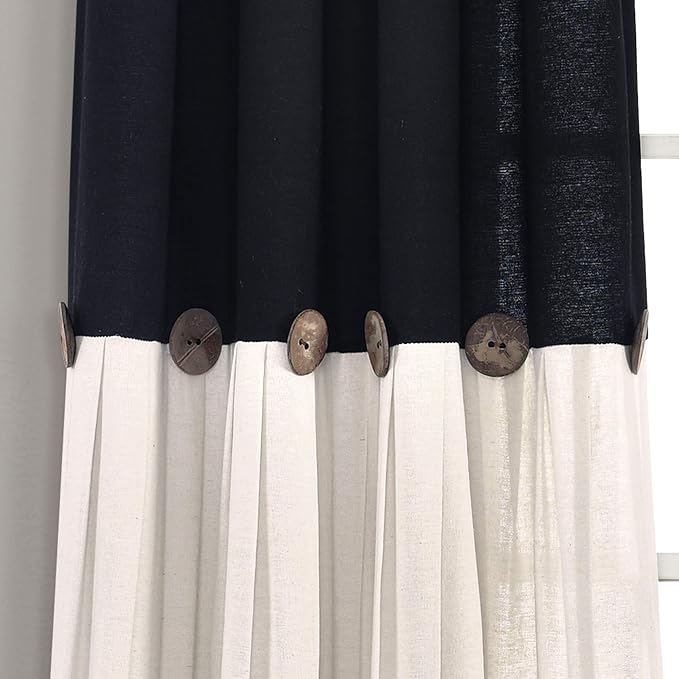 Lush Decor Linen Button Window Curtain Panel, Single, 40" W x 95" L, Black & Off White - Country Curtains - Rustic Decor - Color Block Modern Farmhouse Curtains For Living Room, Bedroom & Dining Room