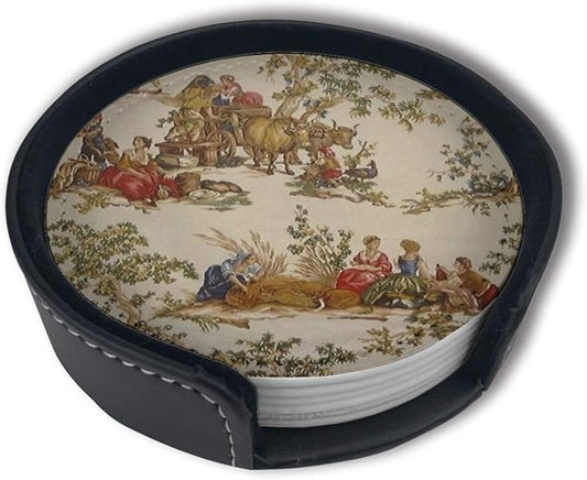 Vintage French Country Print Coasters for Drinks with Holder Leather Coasters Set of 6 Table Decor Protect Furniture from Water Marks Scratch and Damage