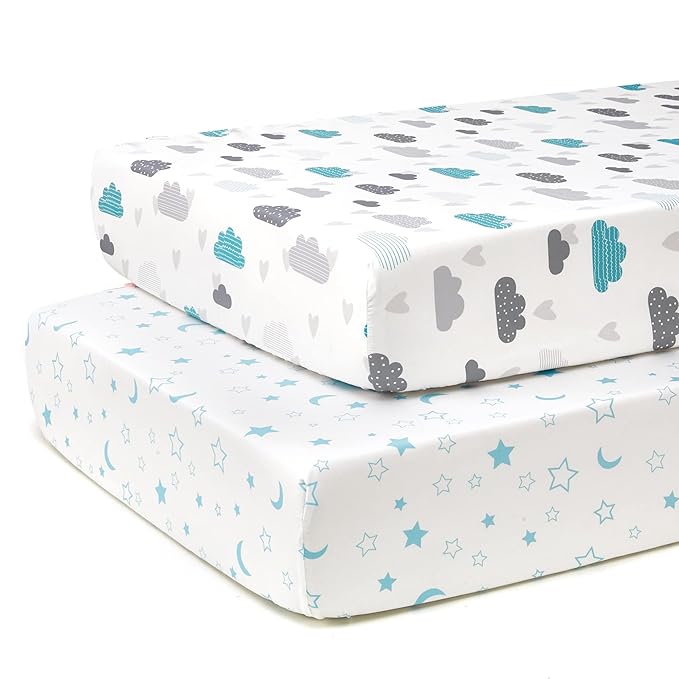 TILLYOU Baby Crib Sheets for Boys Girls, Fitted Crib Sheet 2 Pack for Standard Crib and Toddler Mattresses, Super Soft Toddler Bed Sheets, 28"x52"x8", Blue Clouds & Blue Stars