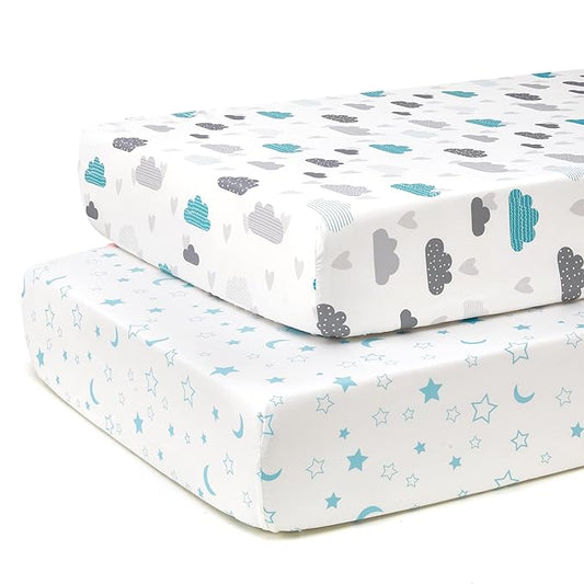 TILLYOU Baby Crib Sheets for Boys Girls, Fitted Crib Sheet 2 Pack for Standard Crib and Toddler Mattresses, Super Soft Toddler Bed Sheets, 28"x52"x8", Blue Clouds & Blue Stars