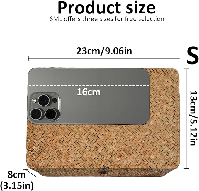 Wicker Storage Basket with Lid, Seagrass Storage Bins with Lids, Rectangular Handwoven Shelf Baskets with Lid for Home Organizer, Rattan Decorative Box for Clothes, Groceries, Snacks (S)