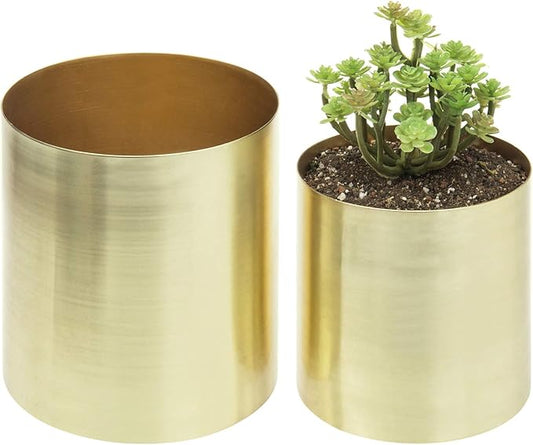 MyGift Modern Brushed Brass Plated Indoor Plant Pot, Cylindrical Metal Vase, 5 and 6 Inch, Set of 2 - Handcrafted in India