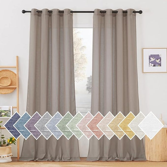 NICETOWN Linen Sheer Curtains 96 inches Long, (Burlap) Grommet Semi Sheer Flax Textued Vertical Drapes Privacy with Light Filtering for Living Room/Farm House, W52 x L96, 1 Pair