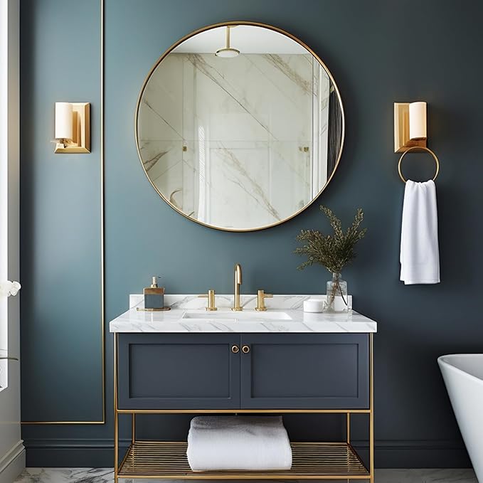 Round Gold Mirror, 28 inch Round Mirror, Circle Bathroom Mirrors Metal Frame, Wall Mounted Circle Mirrors for Bathroom, Living Room, Hallway, Farmhouse.