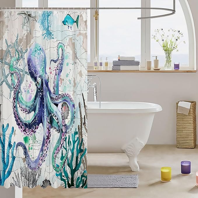 Feelyou Octopus Fabric Shower Curtain Ocean Kraken Shower Curtain for Kids Boys Girls Octopus Tentacles Bathroom Waterproof Accessories with 12 Hooks Nautical Curtains,72x72 Inches