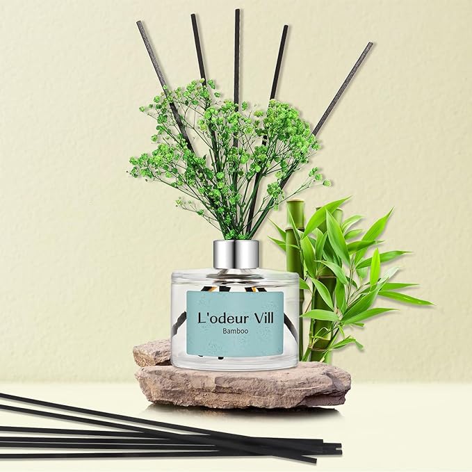 L'odeur Vill Reed Diffuser Set, 6.7 oz(200ml) Bamboo Scented Diffuser with 6 Oil Diffuser Sticks, Home Fragrance Essential Oil Reed Diffuser for Home Large Rooms Bathroom Shelf Decor