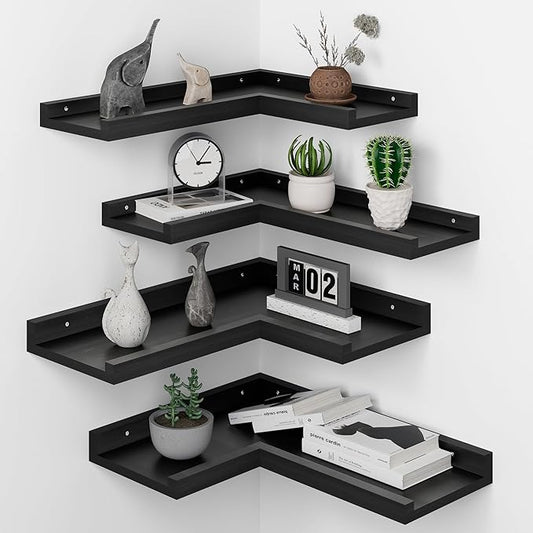 4 Tier Corner Wall Shelf, Floating Corner Shelves with Lip, Black Modern Corner Shelves Wall Mounted, Solid Pine Wood Wall Shelf L shaped shelf for Living Room, Bedroom, Bathroom, Home Storage