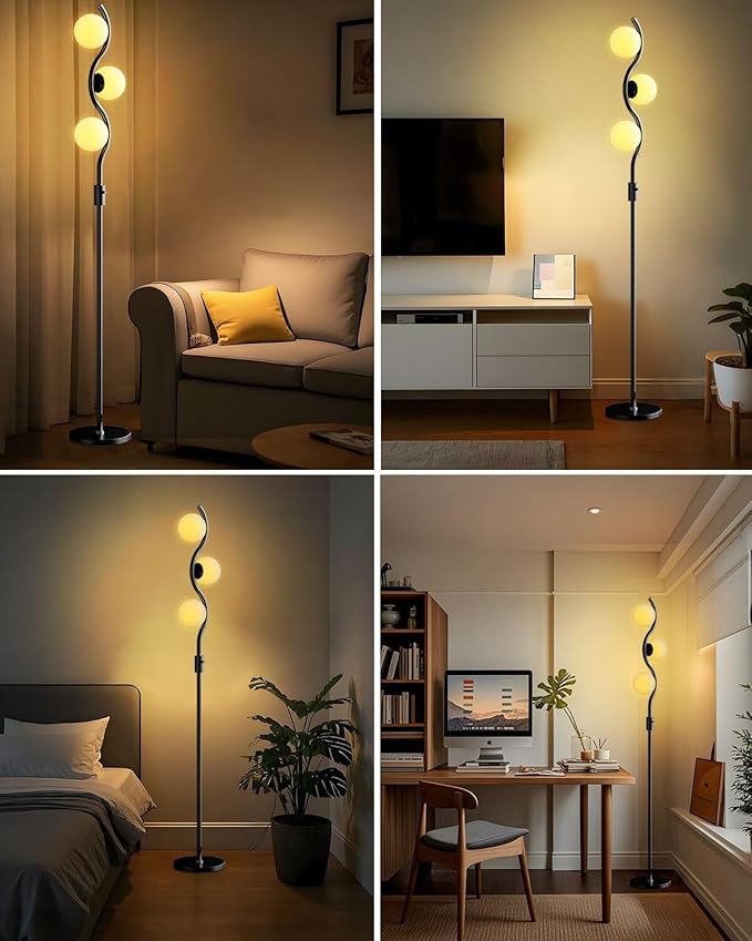 60IN Dimmable (Brightness Adjustable) Black Floor Lamp, Modern Standing Lamps with 3 Globe Soft Warm White 3000K Bulbs, Mid Century Floor Lamp for Living Room Bedroom Home Decor