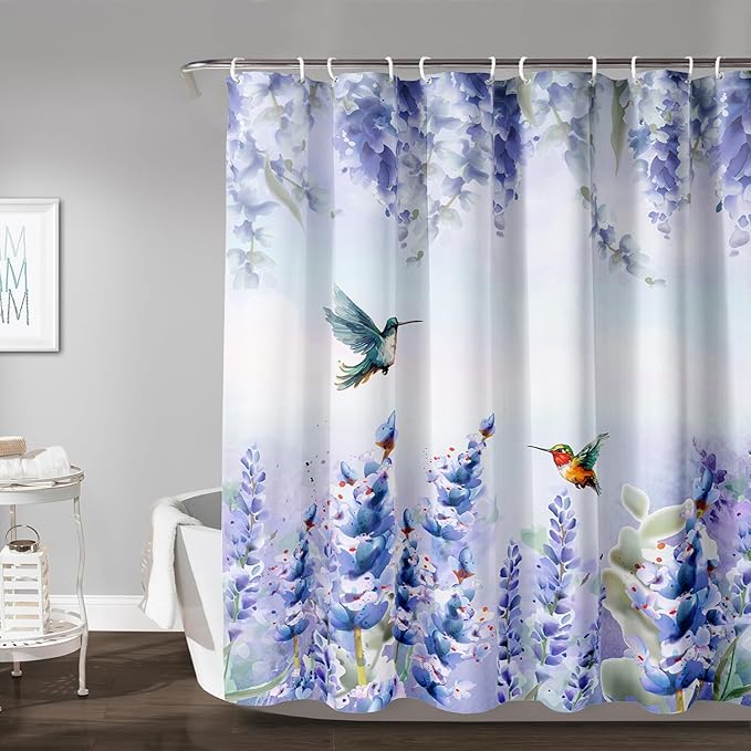 AILONEN Waterproof Floral Shower Curtain for Bathroom,Purple Blue Botanical Wisteria Lavender Flowers Shower Curtain,Watercolor Floral Decor Bathroom Polyester with Grommets and Hooks 36" W*72" H
