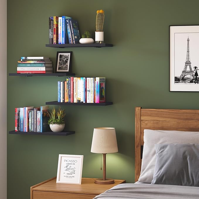 Fixwal Floating Shelves - 4 Set Farmhouse Wood Wall Mounted Shelves for Bedroom & Bathroom Storage, Book Shelf - Black