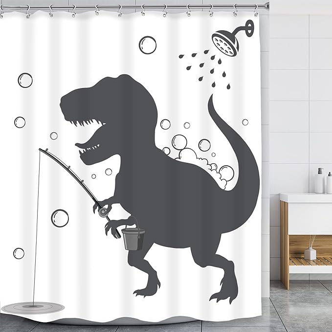 LGhtyro Dinosaur Funny Dino Kids Shower Curtain Bathroom Set 60Wx71H Inches Boys Animal Shadow Cartoon Silhouette Bath Accessories Black White Art Art Home Decor Fabric 12 Pack Hooks