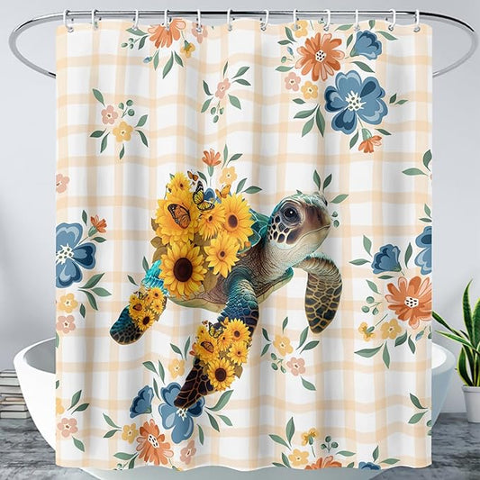 AILONEN Sea Turtle Shower Curtain for Bathroom, Sunflower Turtle Bathroom Curtain,Ocean Turtle Floral Grid Bath Curtain 72" W*96" H Polyester Waterproof Bathroom Curtain with 12 Hooks