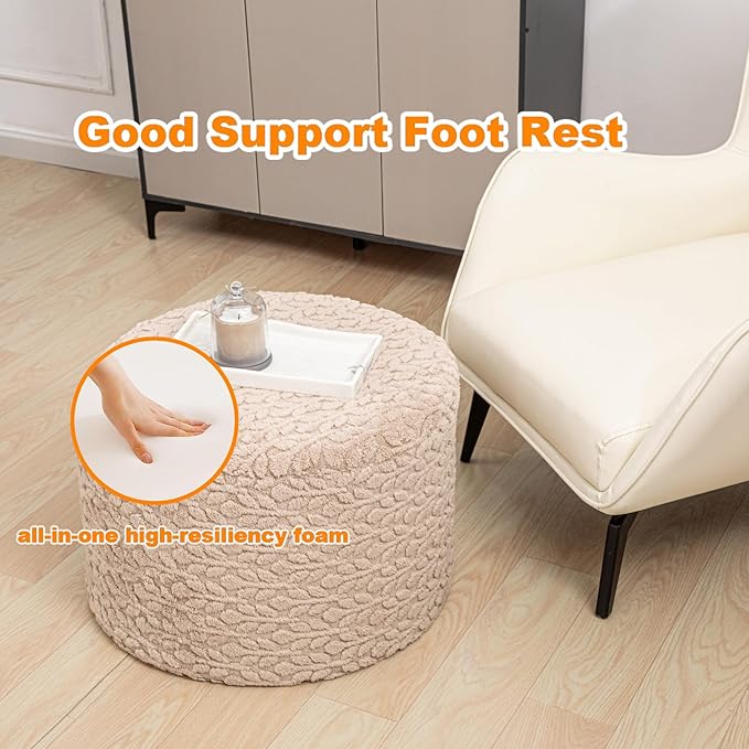 Round Pouf Ottoman Stuffed 20 x 20 x 14 Inches Boho Poof Foot Stool Home Decor Floor Pouffe Ottoman Foot Rest for Couch Sofa Bean Bag Chairs Living Room Bedroom (Light Coffee)