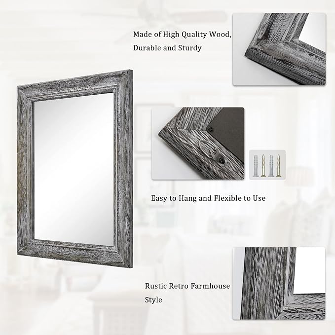 Wooden Mirror with Rectangle Framed Rustic Hanging Mirrors for Farmhouse Bathroom Bedroom Living Room Home Decor Large 20"x16"