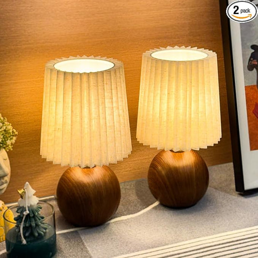 Small Pleated Table Lamp Set of 2 for Bedroom, Mini Bedside Lamps for Nightstand with Round Fabric Linen Shade, Dimmable Desk Lamp, Cute Table Lamps for Small Spaces for Living Room, Kids Room