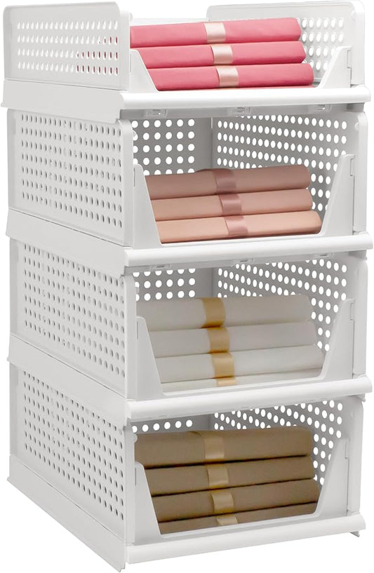 Stackable Foldable Storage Baskets, Folding Storage Bins, Closet Organizers and Plastic Drawer Shelf Storage Container for Wardrobe, Cupboard, Kitchen, Bathroom, Office (White, 3L1S)