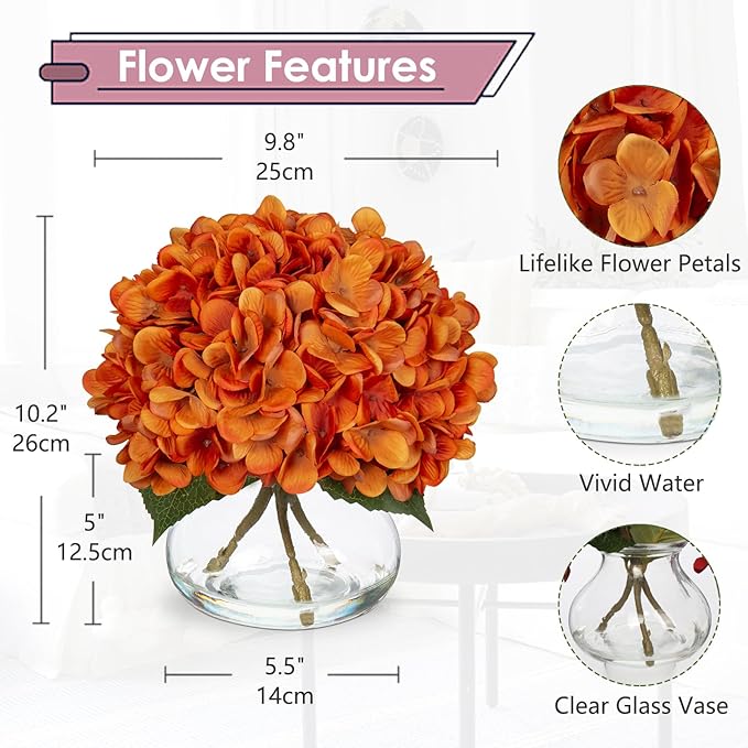 Hydrangea Artificial Flowers with Vase Fall Decor Orange Silk Fake Flowers Arrangements in Glass Vase with Faux Water Autumn Festival Floral Bulk Bouquet for Wedding Party Centerpiece Home Decorations