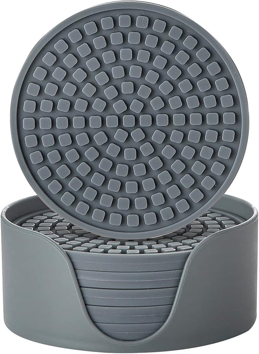 Colinda Silicone Drink Coasters with Holder, Set of 6, Outdoor Cup Mat for Hot or Cold Drinks, Thickened, Non-Slip,Non-Stick, Warm Grey