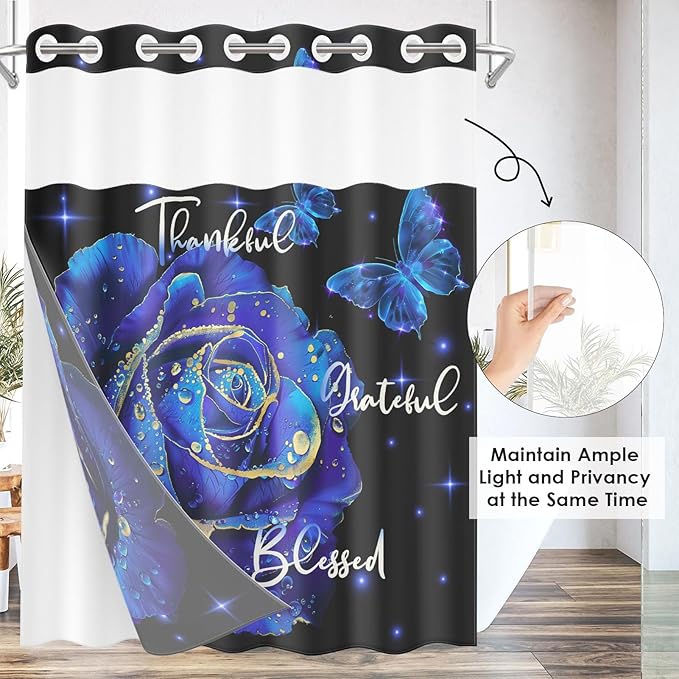 Blue Rose Floral No Hook Shower Curtain with Snap in Liner, Butterfly Flower Grateful Blessed Bath Curtain with Double Layers Waterproof Fabric and Mesh Top Window 71x74 Inch