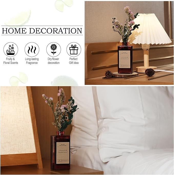 Reed Diffuser Set - Lavender Essential Oil, 5 oz/150ml Sandalwood Aroma Scent Oils Bathroom Air Freshener with Flower Decoration and Diffuser Sticks, Home Fragrance for Room Decor